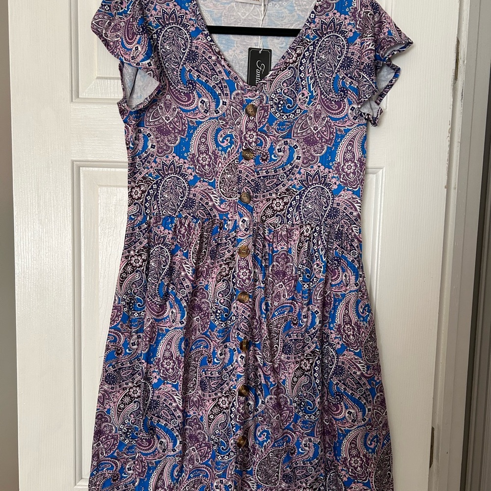 Fantaslook Women’s Purple/blue Floral Dress with pockets / Size M / NWT (#057)